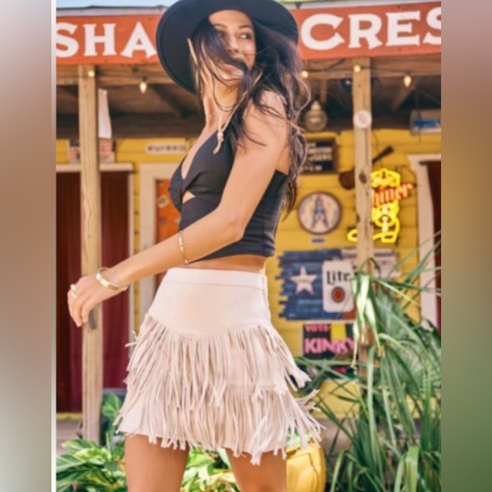 Francesca's Collections Suede Cream Fringe Mini Skirt